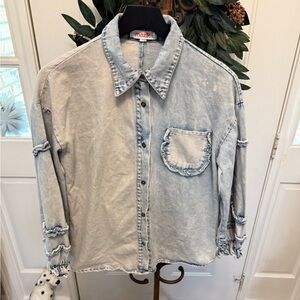 Adorable Mazik Lightweight Ruffle Trim Stone Washed Jean Shacket S